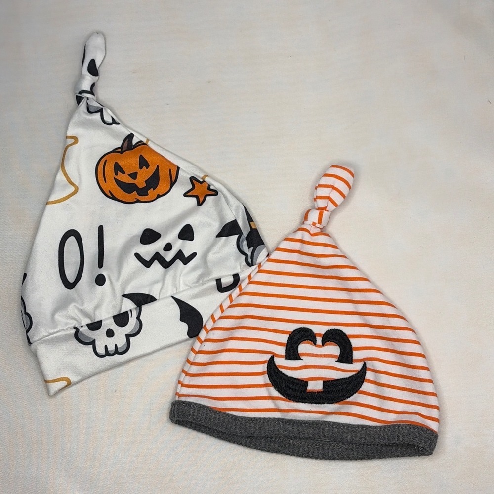 Baby Essentials Halloween Beanie Hat Set 2pk Infant Pumpkin Skull Orange White